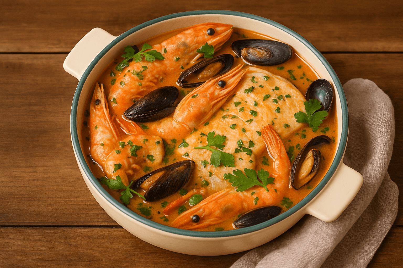 Bouillabaisse, soupe de poissons, servie dans un bol.