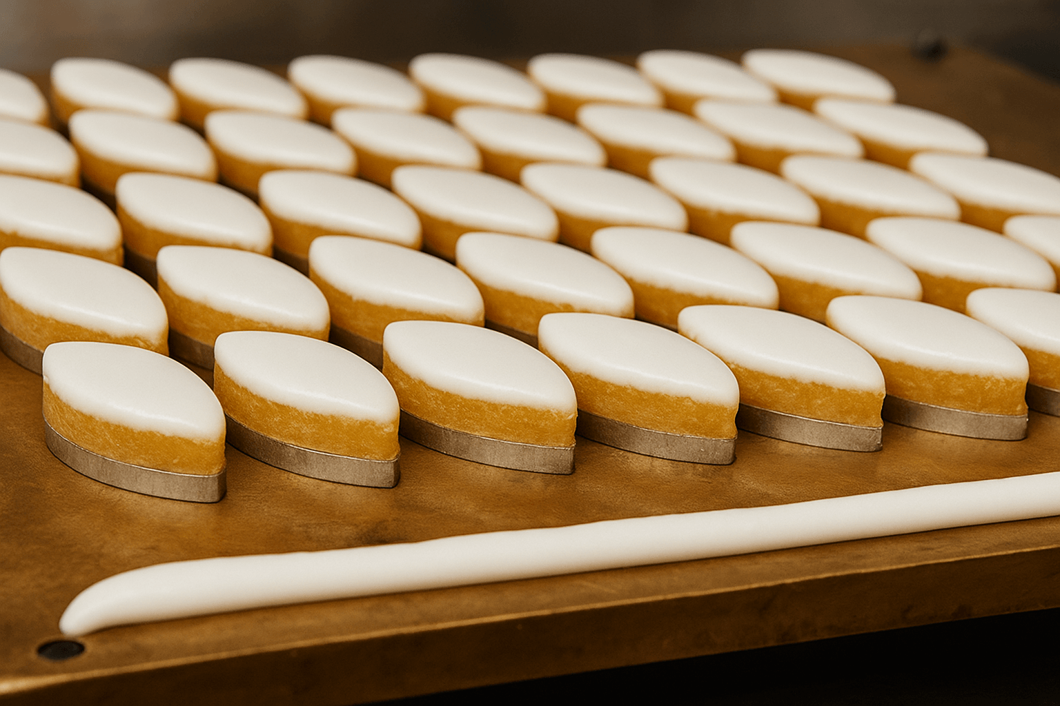 Rangée de calissons d’Aix, confiseries en forme d’amande, à base de pâte de fruits confits et d’amandes, nappées de glace royale, alignés sur une plaque de cuisson.