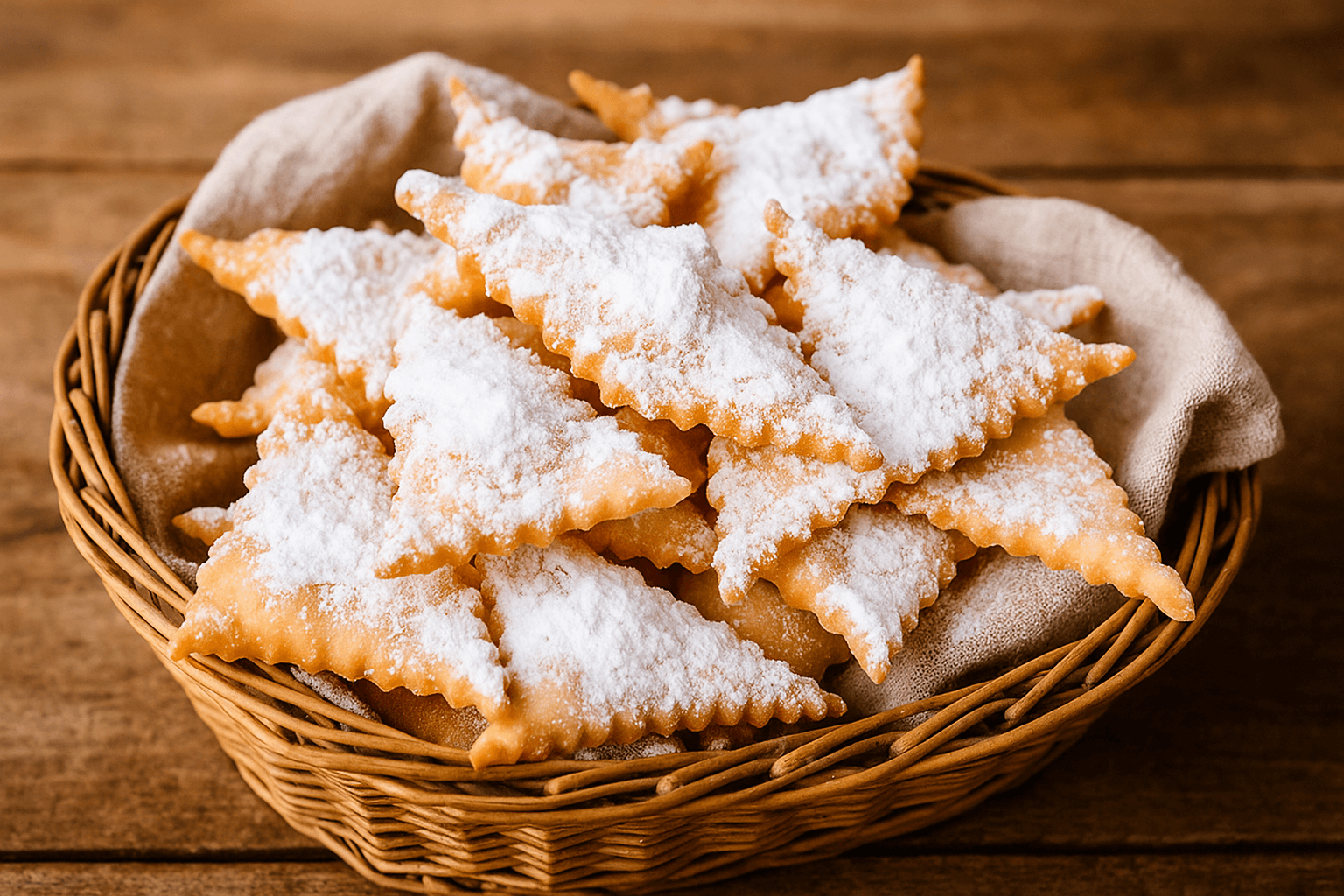 Oreillettes provençales, biscuits de Marseille, saupoudrées de sucre glace et disposées dans un panier en osier tapissé d’un chiffon.