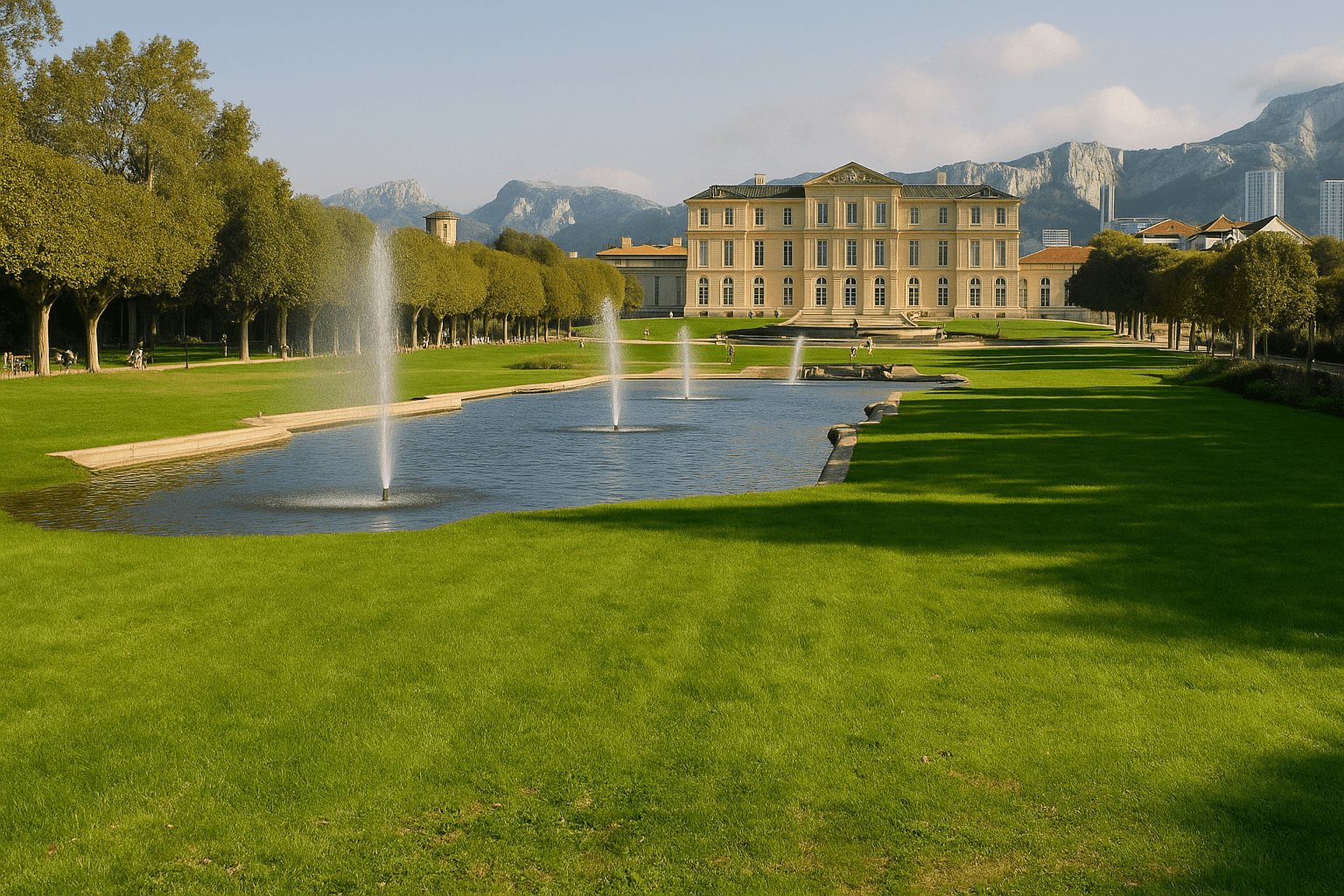 Vue sur le parc Borély à Marseille avec ses vastes pelouses, un grand bassin orné de fontaines et, en arrière-plan, le château Borély entouré d’arbres et de montagnes.