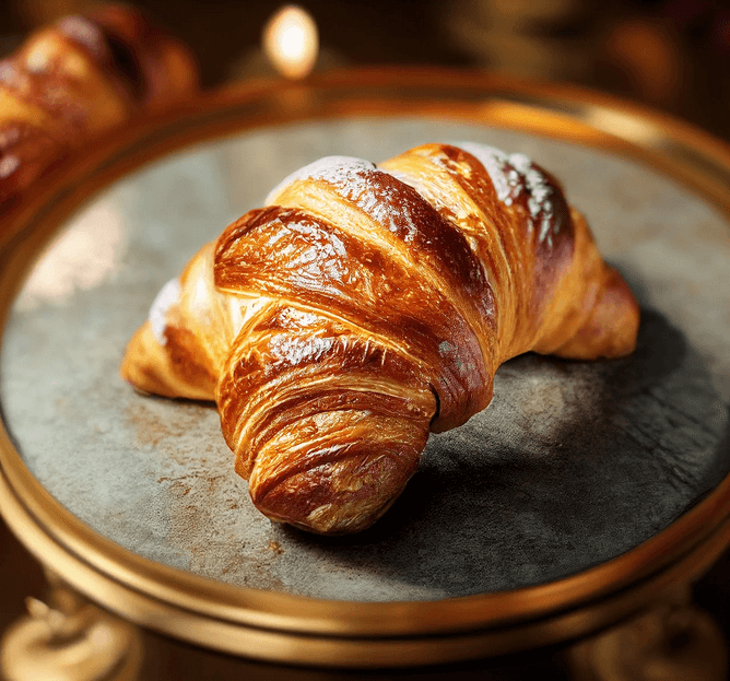 Croissant doré et feuilleté posé sur un plateau, emblème de la viennoiserie française.
