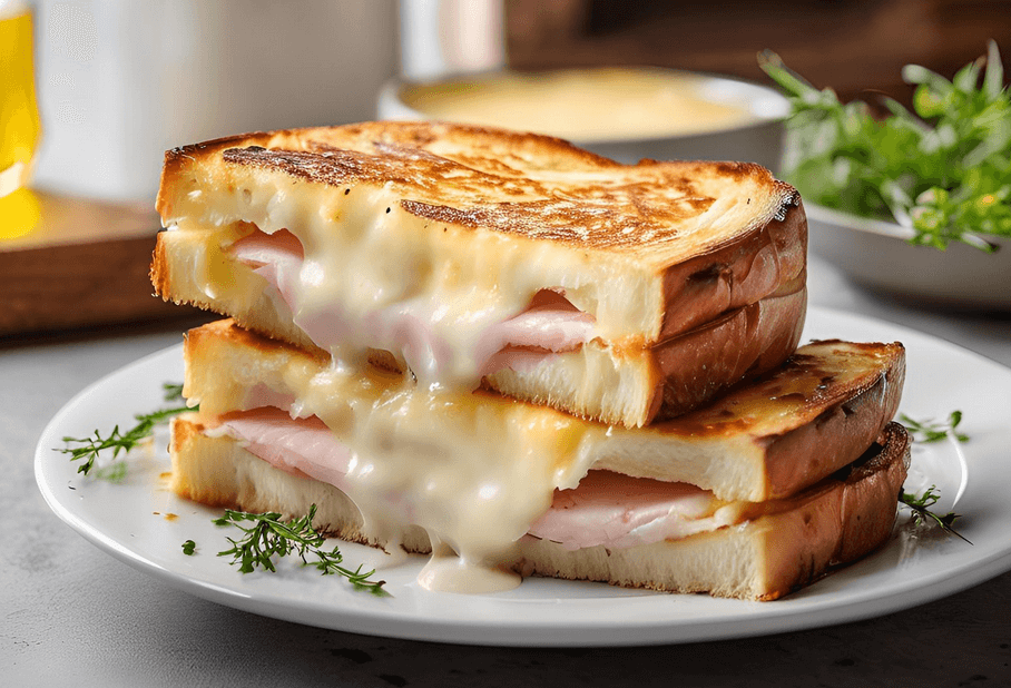 Croque-monsieur coupé en deux avec le fromage fondant visible entre les tranches, empilé dans une assiette blanche et entouré d’herbes fraîches.