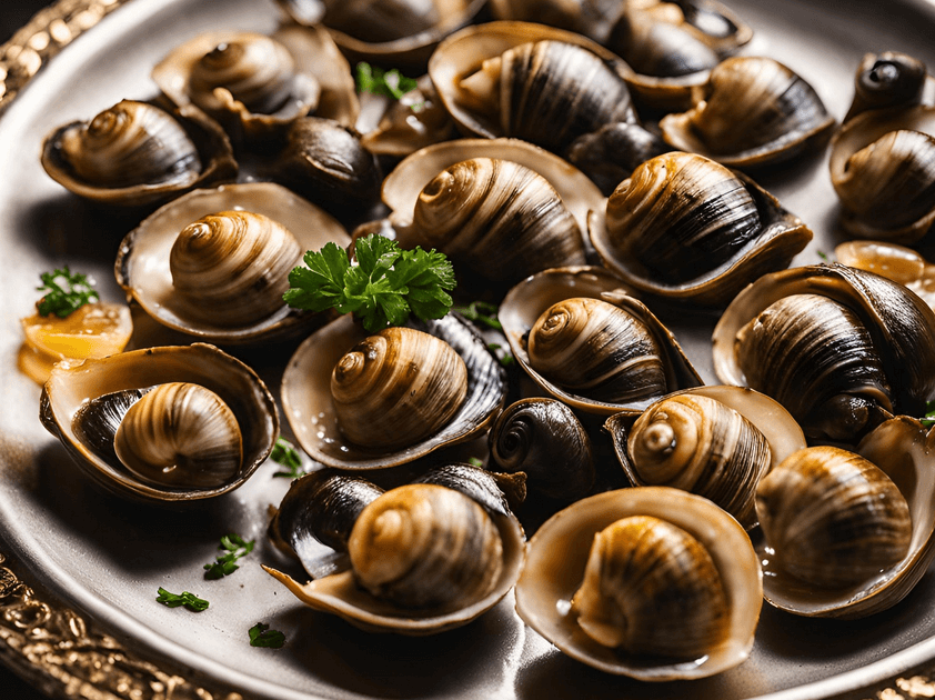 Escargots cuisinés au beurre persillé, joliment présentés dans une assiette.