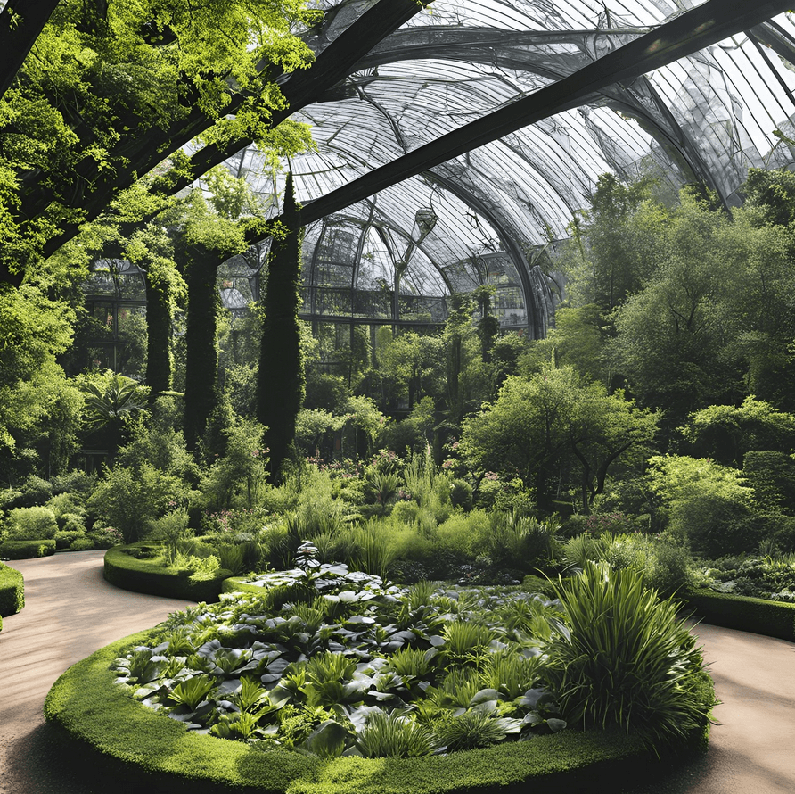 Grande serre du Jardin des Plantes à Paris avec végétation tropicale, allées sinueuses et structure en verre et métal.