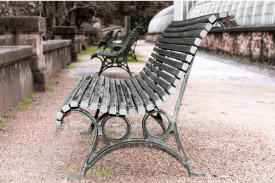 Banc en fer forgé au Jardin des Serres d’Auteuil à Paris, près des serres historiques.