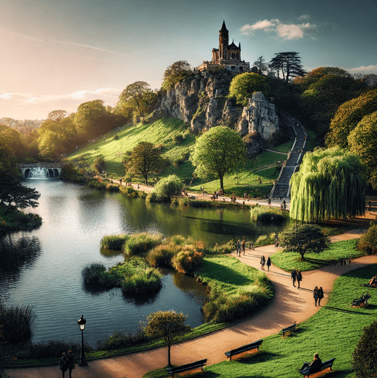 Parc des Buttes-Chaumont à Paris avec lac, sentiers et temple sur colline au coucher du soleil
