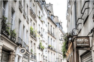 Ruelle étroite du Quartier Latin bordée d’immeubles parisiens aux façades claires, avec balcons en fer forgé et jardinières fleuries. Sur la droite, une enseigne indique une galerie d’art.